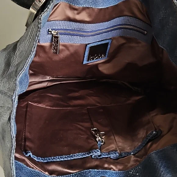 KOOBA Elegant Denim Blue Snake Embossed Glossed Tote Shoulder Bag - Picture 10 of 10